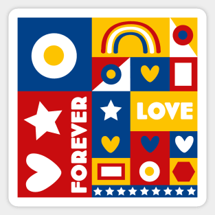 80s inspired Forever Love Pop Art Design - Red, Yellow, Blue and White by Rene Dauphine Sticker